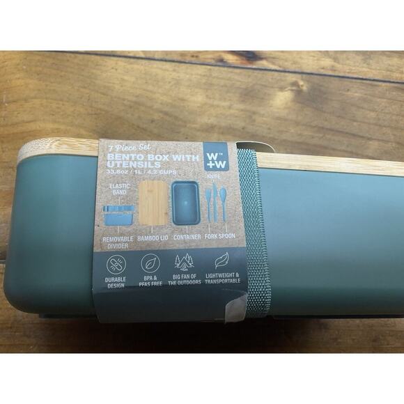 Bento Box 7 Pc Set w/Utensils | Lunchbox | Green Bamboo - Picture 6 of 7